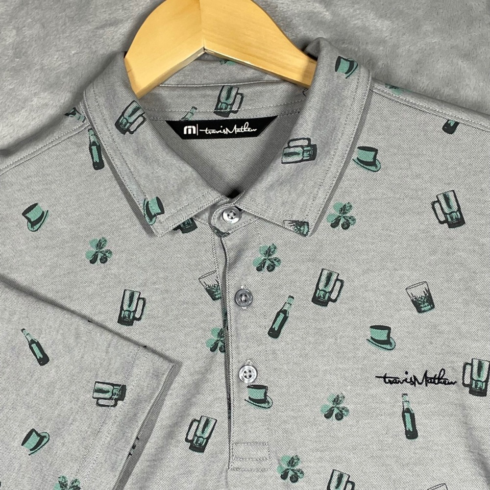 TravisMathew Mens Grey St Patricks Day Polo Shirt Medium Shamrock Beer Print